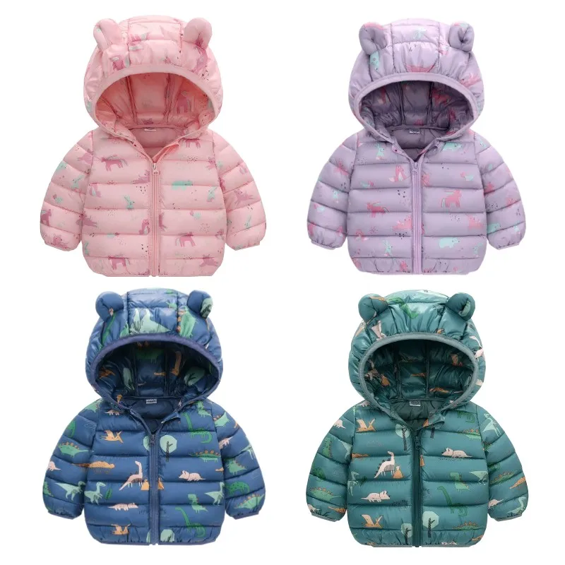 Leichte Daunenjacke mit Kapuze für Kinder, Jungen, Mädchen, Baby, Cartoon-Dinosaurier, Reißverschluss, Mäntel, Herbst und Winter, warme Weihnachtsoberbekleidung, 1–5 Jahre