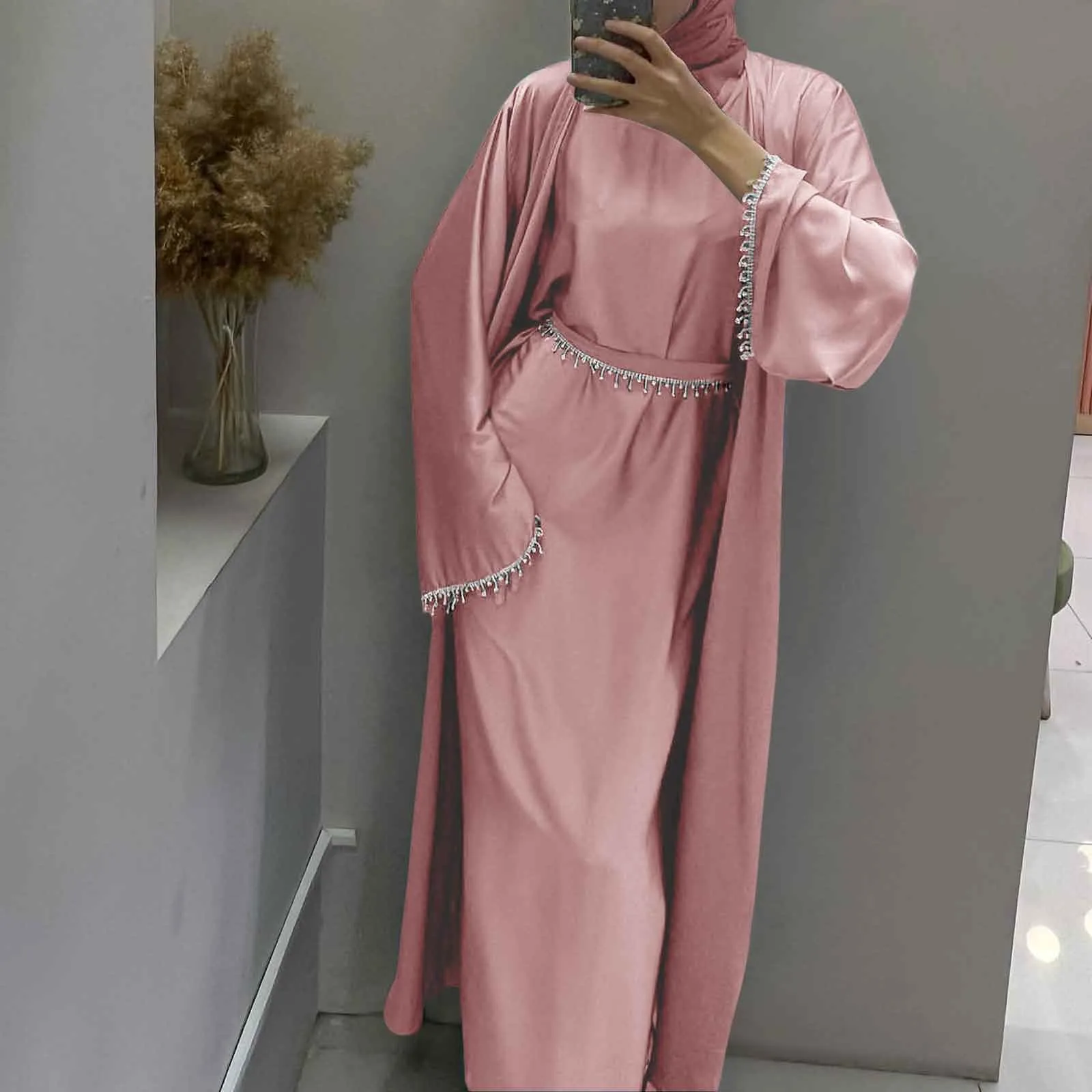 Satin Open Abaya Beads Kimono Muslim Abayas for Women Dubai Luxury Turkey Party Wedding Dress Kaftan Robe Ramadan Islamic Outfit