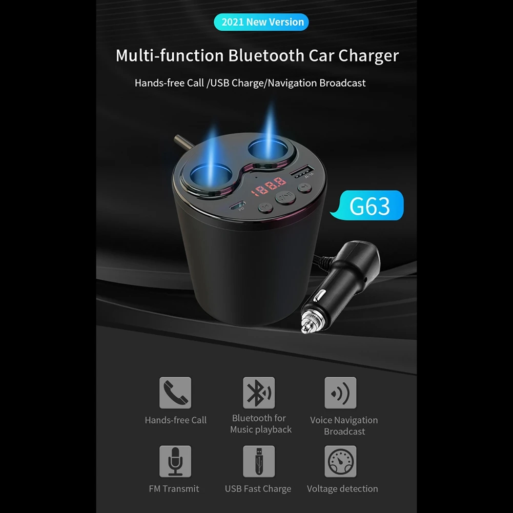 G63 Car Bluetooth 5.0 FM Transmitter -Cigarette Lighter Socket PD Type C USB Charger Music MP3 Player TF Card