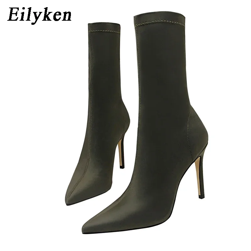 Eilyken 2024 New Fashion Stretch Fabric Women Ankle Boots Autumn Winter Female Pointed Toe Thin Heels Party Prom Socks Shoes