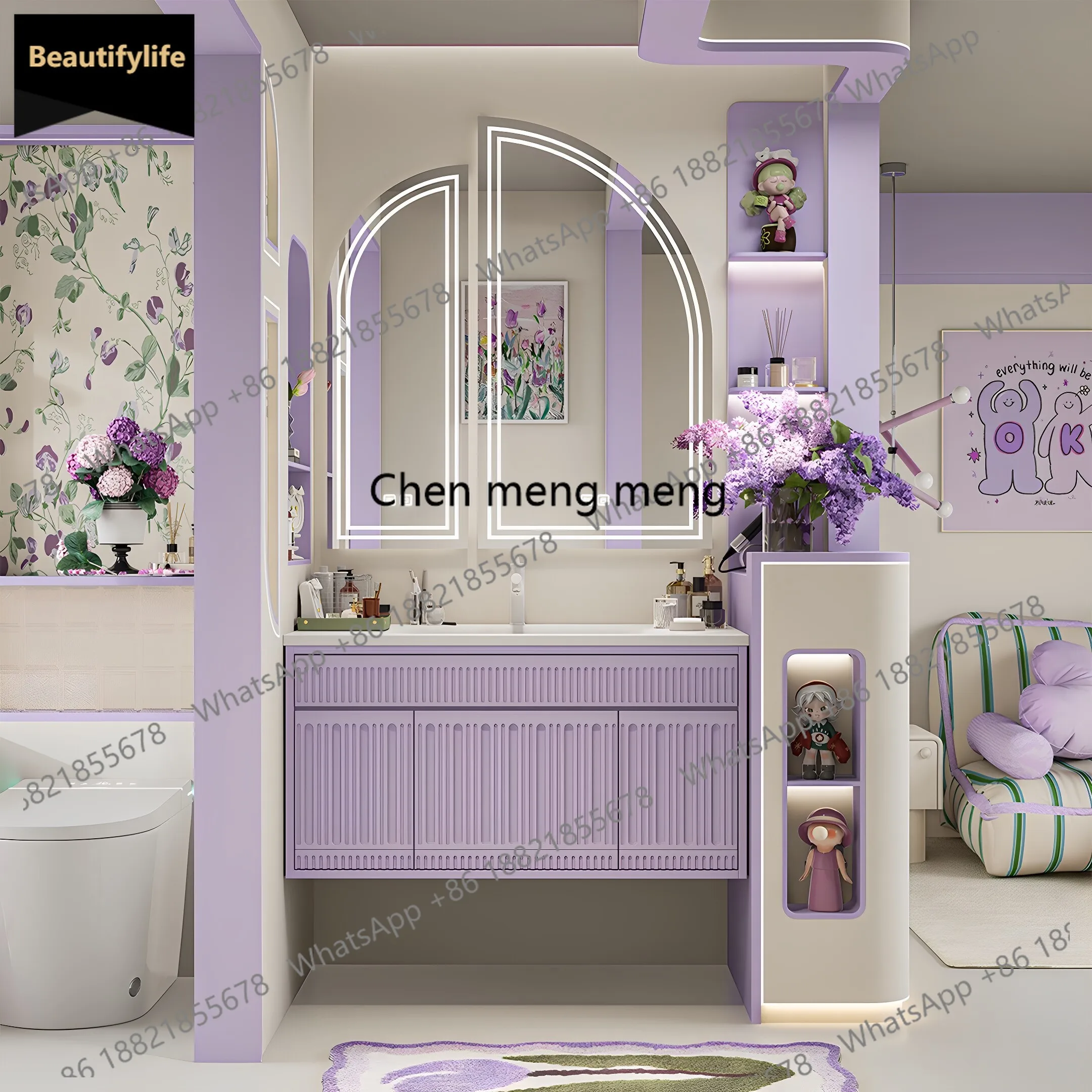 C139 2026 Novo Armário de Banheiro Suspenso em Madeira de Borracha Lilás Roxo com Cuba Integrada Corian Estilo Creme Francês