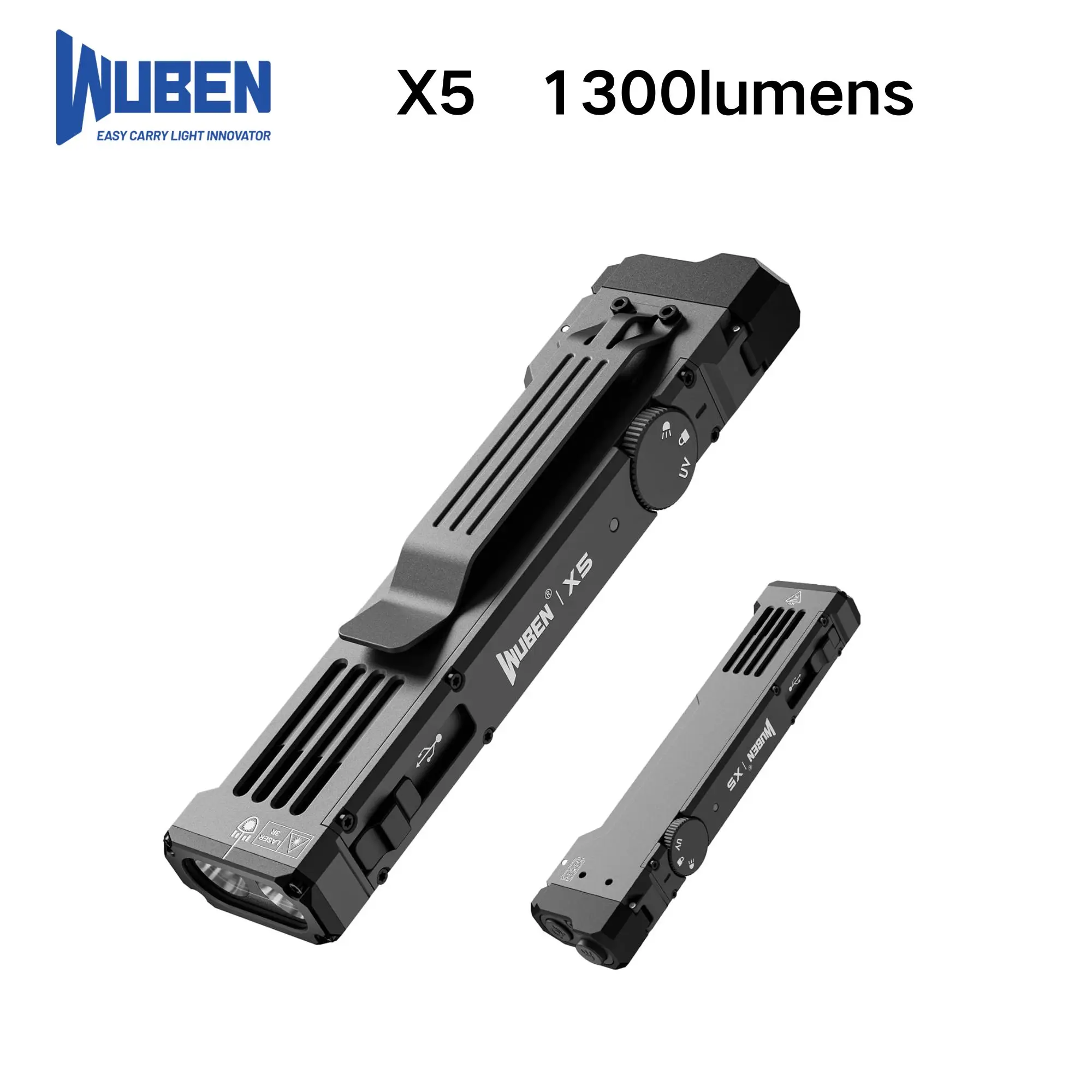 

WUBEN X5 Rechargeable 1300LM Bright EDC Flashlight, 6 Modes with White LED, UV & Green Light, Tactical Clip, IP65 Waterproof