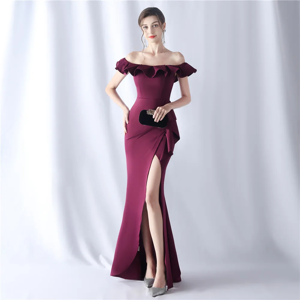 Customized Women's Mermaid Elegant Off Shoulder Ruffle Formal Evening Long Dress