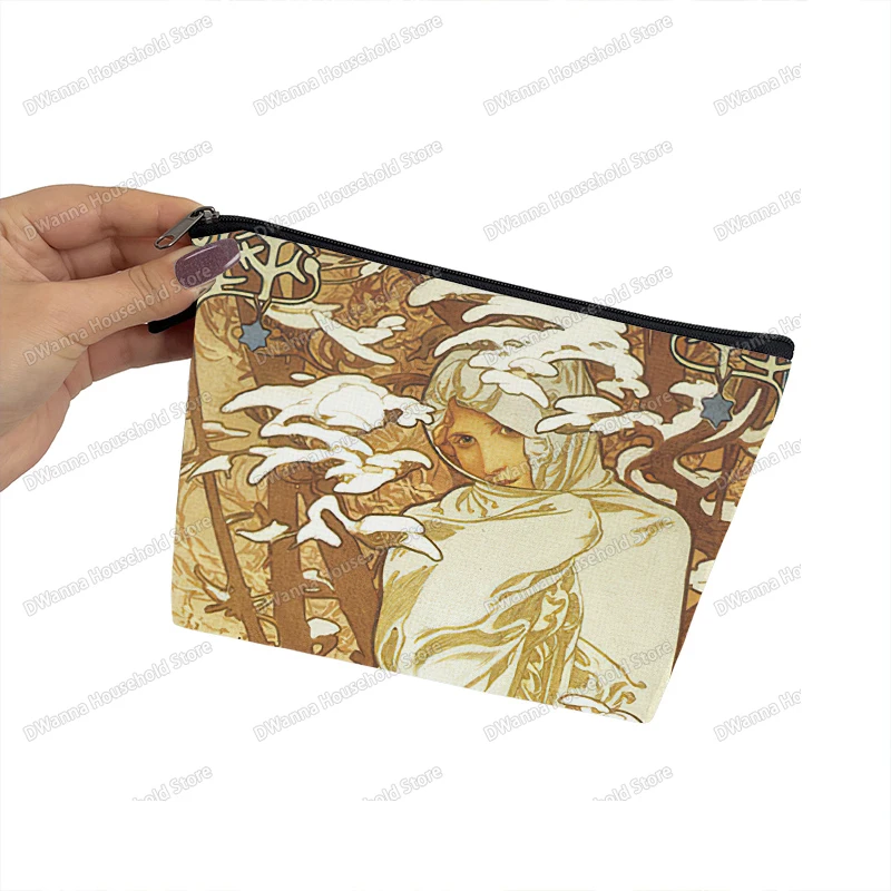 Oil Painting By Alphonse Mucha Storage Bag Women Beauty Makeup Bags Lipstick Napkin Small Pouch Ladies Toiletry Cosmetic Case