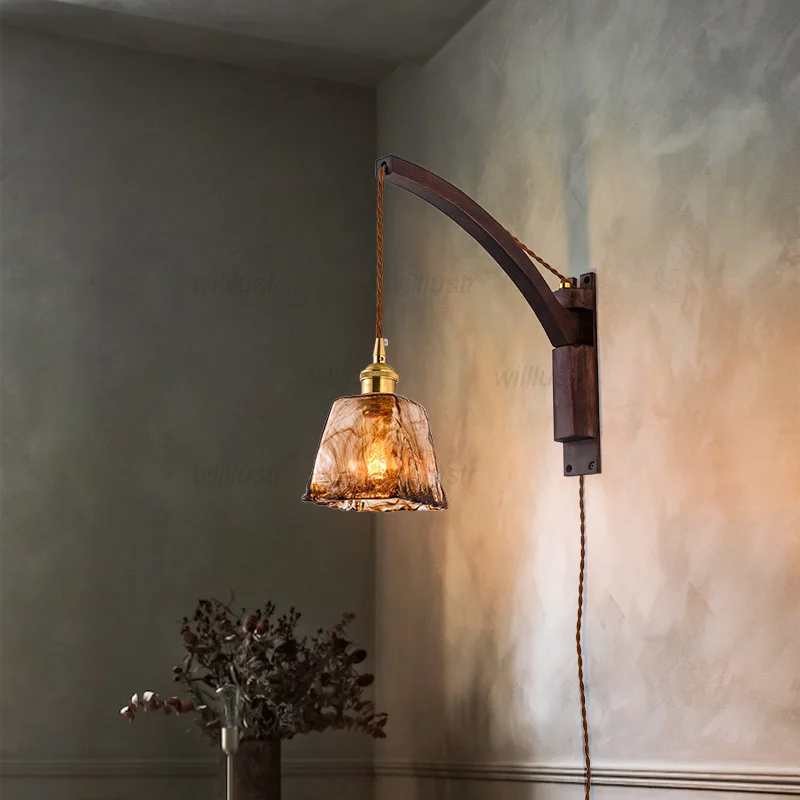 Vintage Amber Glass Wall Light Retro Walnut Wood Sconce Hotel Cafe Bar Living Dining Bedroom Bistro Rotating Folding Rocker Lamp