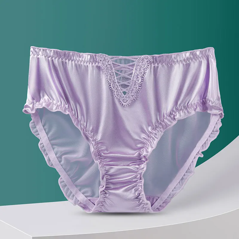 Sexy hohle Spitze Frauen mittlere Taille Unterwäsche hohe Elastizität Mesh transparente Höschen Satin glatt atmungsaktiv nahtlose Breifs