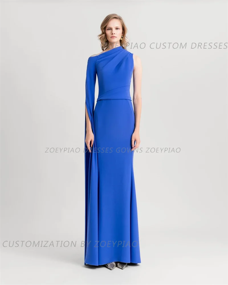 Blue Satin Beach Evening Dresses Pleated One Sleeves One Shoulder Long Formal Birthday Party Gowns Arabic Prom Dress 2024