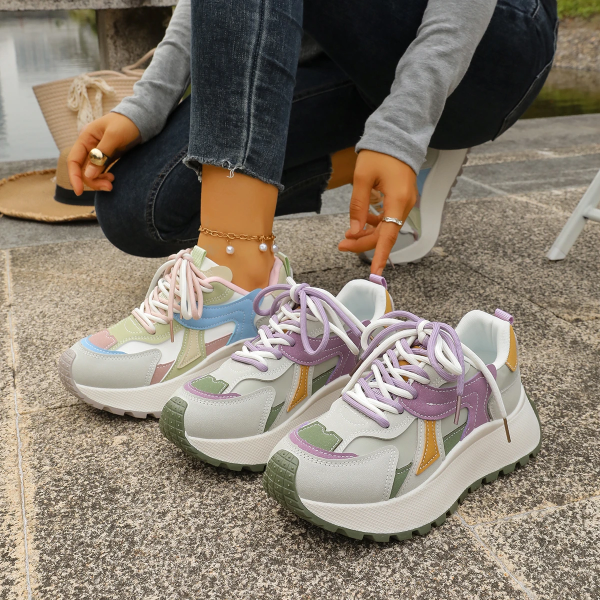 

High-quality Women's Color Matching Design Sneakers Spring and Autumn New Luxury Fashion Platform Running Shoes Zapatos Mujer