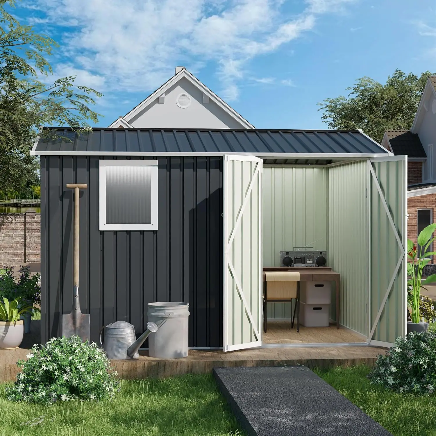 Metal Garden Shed, 9.5 x 6.7 FT, Iron Frame, Translucent Window, Custom