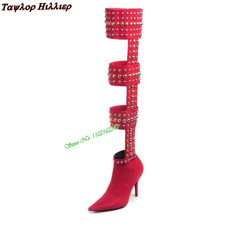 2023 Spring And Autumn Red Suede Sandals Women'S Pointed Toe Stiletto Heel Rivets Hollow Stage Over-The-Knee Boots Summer 46