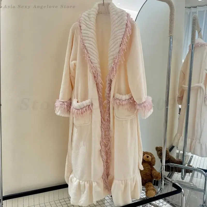 

Элегантный французский утренний халат, толстая одежда для сна из кораллового флиса, домашняя одежда, зимняя теплая ночная рубашка, халат, кимоно, фланелевая домашняя одежда