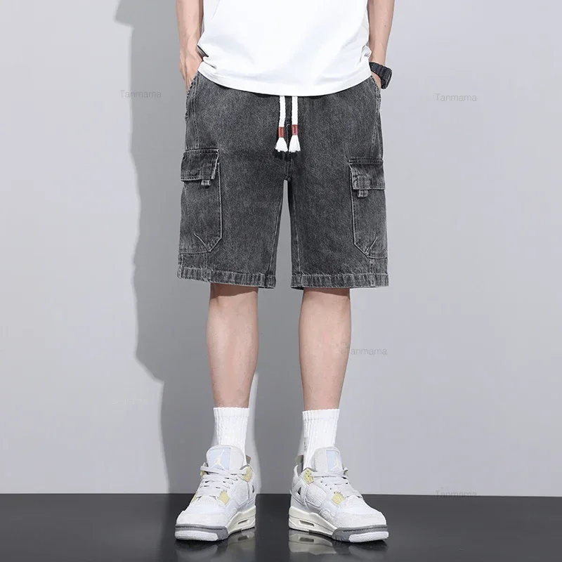 Summer New Fashion Korean  Men\'s Oversized Denim Shorts Elastic Waist Baggy Casual Knee-length Cargo Pants  Streetwear Blue Grey