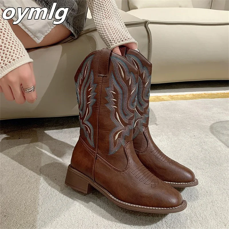 2024 New Coarse Heel Western Cowboy Boots V-neck Embroidered Sleeve Knight Boots Retro Mid Cap Square Head women boots