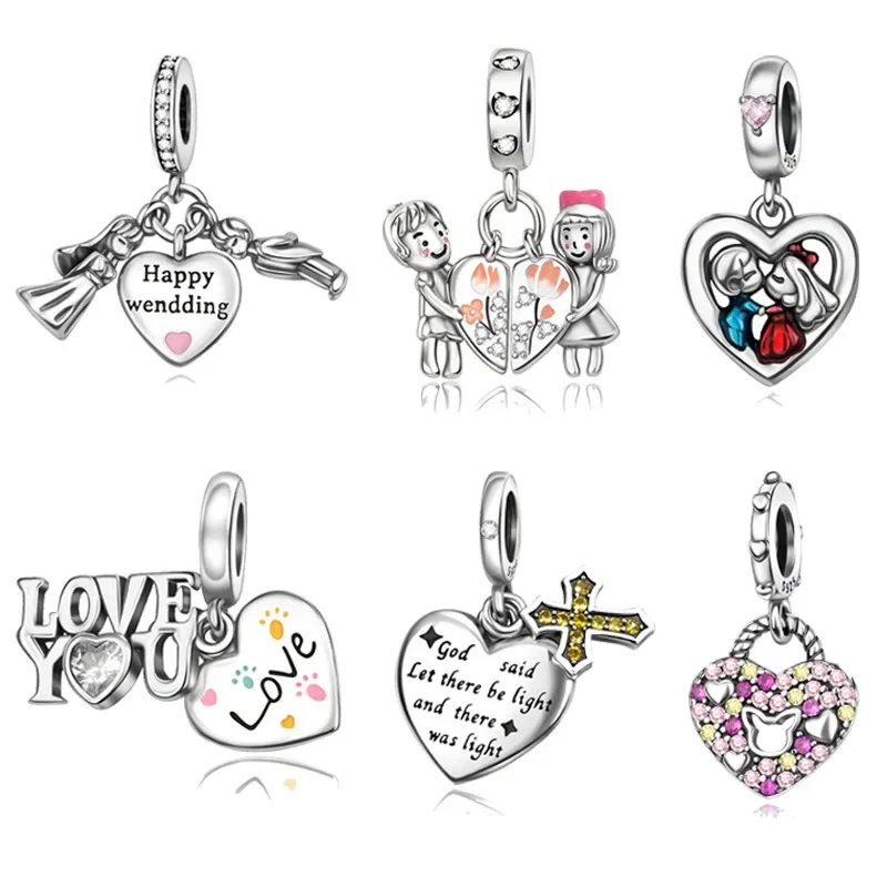 

925 Sterling Silver Couple Heart Charms Beads Fit Original Bracelets Bag Keychain Charms Beads Pendant Diy Women Jewelry Gift