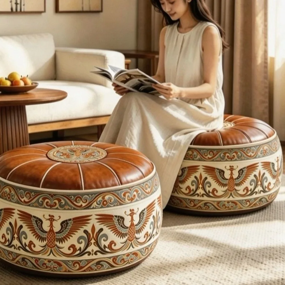 Retro Ethnic Style Sofa Stool Cover PU Leather Phoenix Pattern Pouf Cover Space Saving Unfilled Storage Leg Bench Bedroom