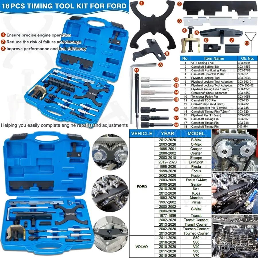

1.5 1.6 Timing Tool Kit Compatible with Ford Fiesta Fusion Escape Mazda 1.4 1.6 1.8 2.0 Di/TDCi/TDDi ECOBOOST 1.6 Ti-VCT 1.5 1.6 VVT 2.5L Engine Timing Tool, Camshaft Flywheel Locking Tools 303-1097