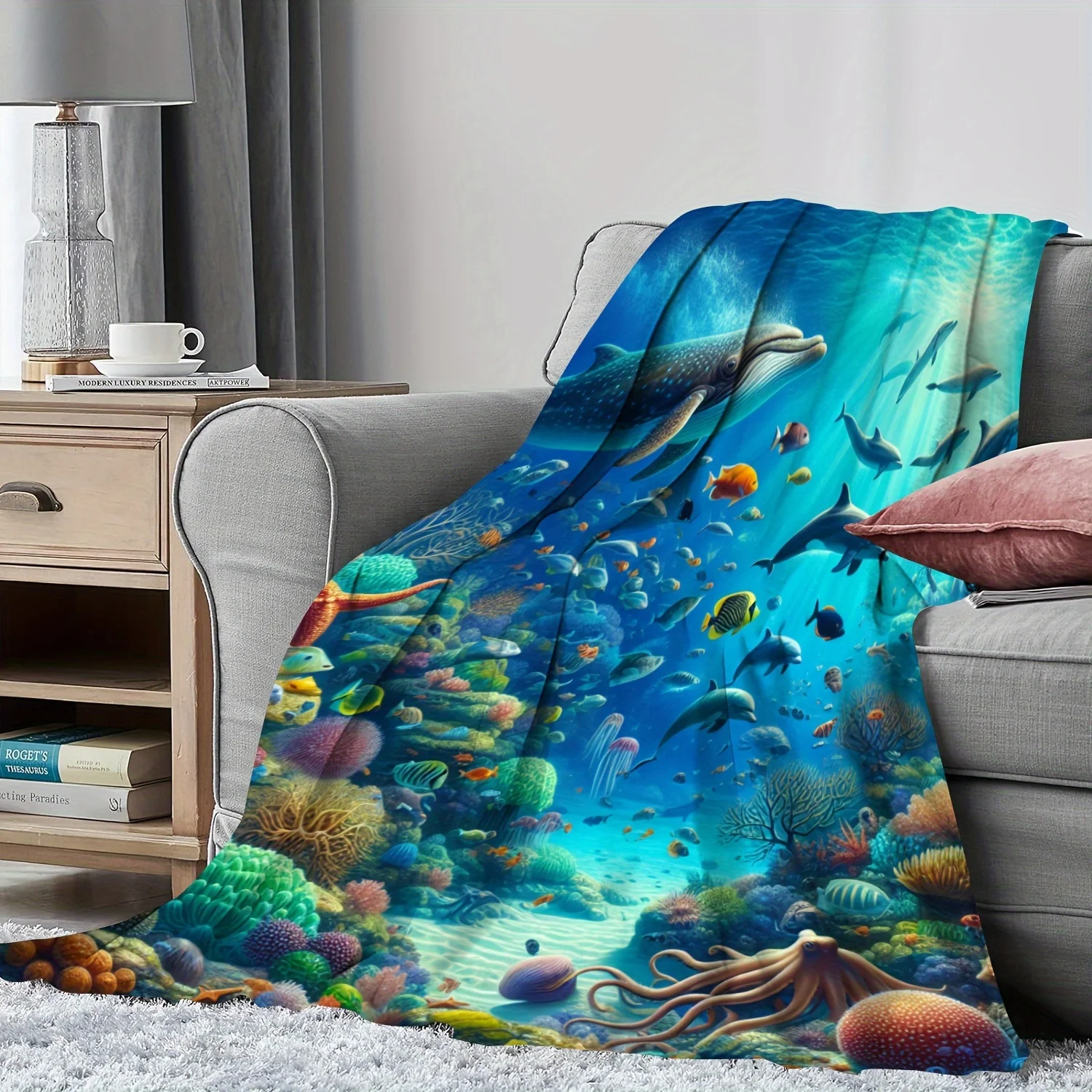 Gift for Friends Blanket Underwater World Ocean Animal Blanket Soft Flannel Sofa Blanket for Couch Office Bed Camping Travel