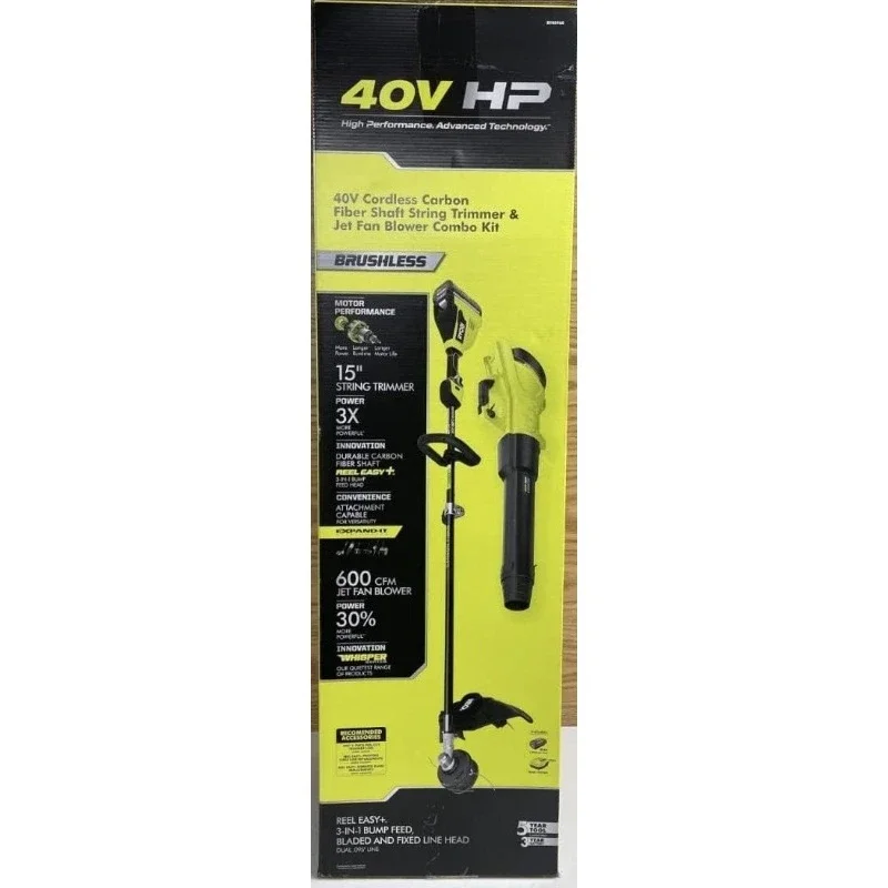 

Бесщеточный аккумуляторный вентилятор для листьев HP, 40 В, 600 CFM, 155 миль в час, и триммер из углеродного волокна, аккумулятор 4,0 Ач и зарядное устройство