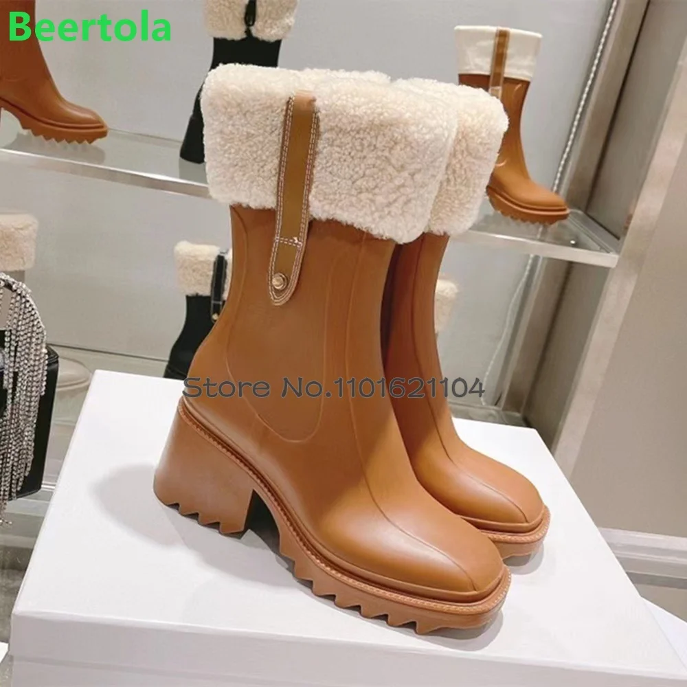 Chunky Heel Lambswool Luxury Boots For Female Women 2024 Winter New Sqaure Heel Side Zipper Non-slip Solid Fashion Elegant Shoes