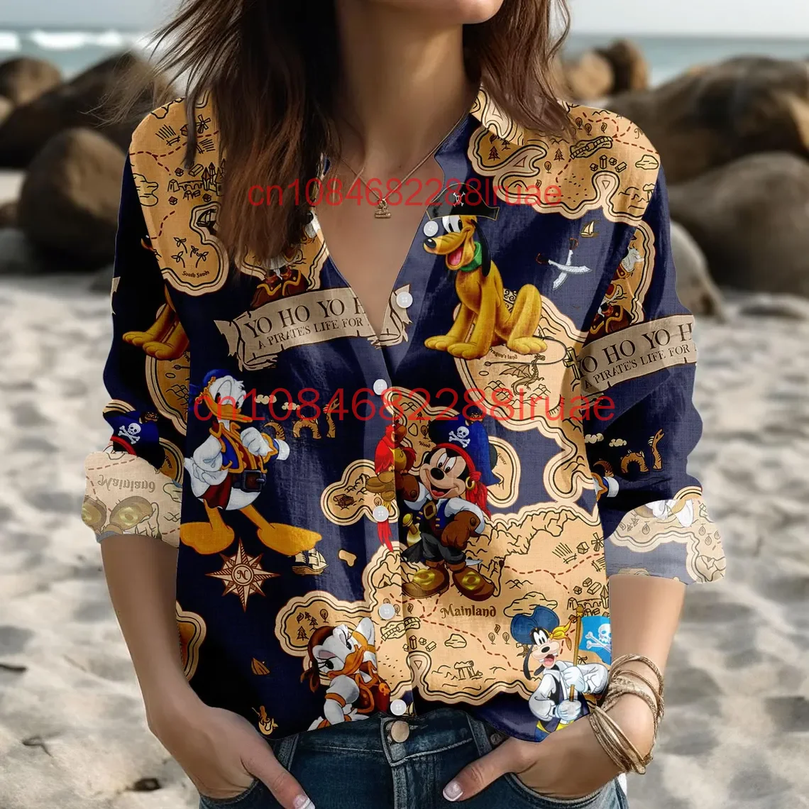 

2026 New Mickey And Friends Pirates of the Caribbean Women Blouse Mickey Pirates Casual Shirt Disney Pirates Button Up Shirt