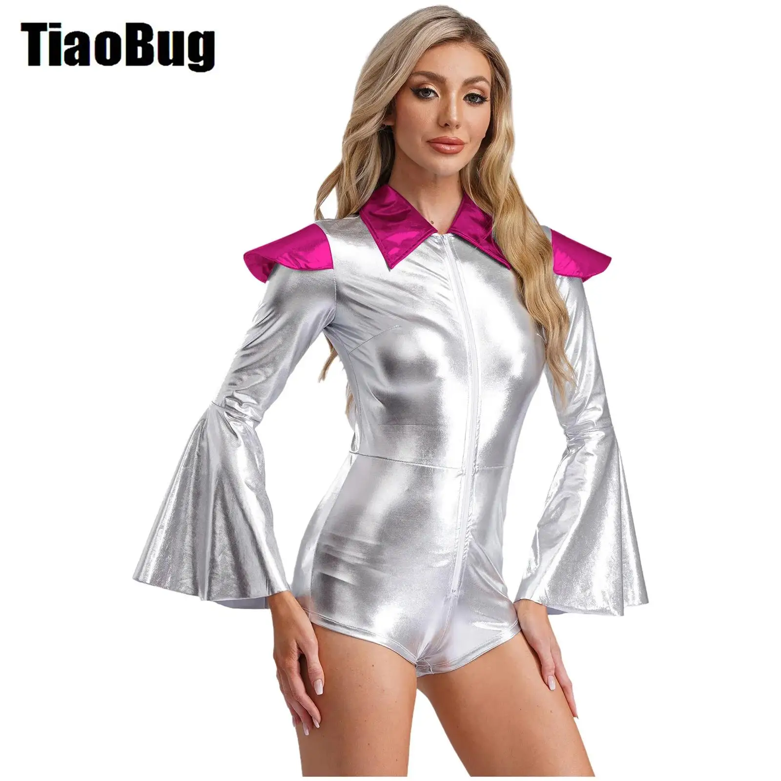 

Women Alien Cosplay Carnival Leotard Bodysuit Metallic Long Flared Sleeve Lapel Cap Shoulder Front Zipper Jumpsuit Leotard