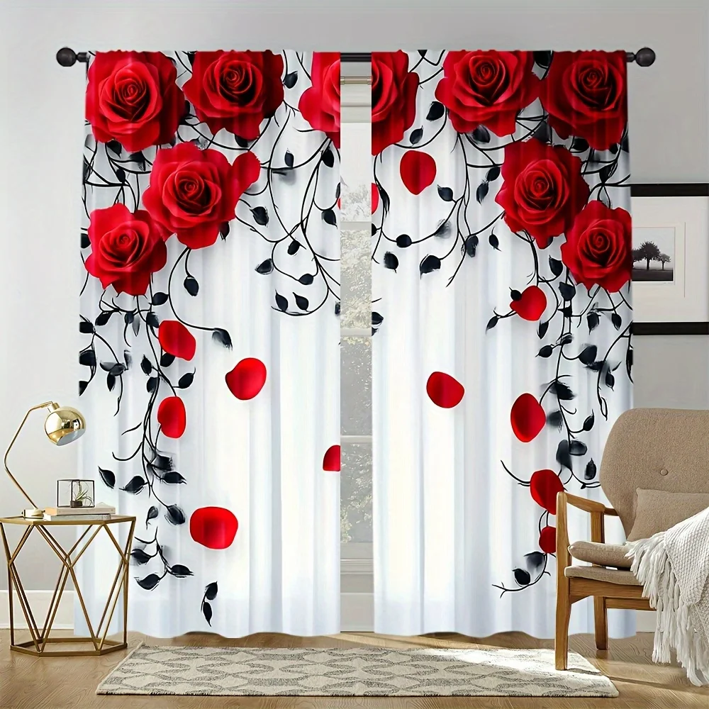 Red Rose Curtains with Black Vines and Petals Romantic Floral Design Window Drapes for Living Room Bedroom Decor