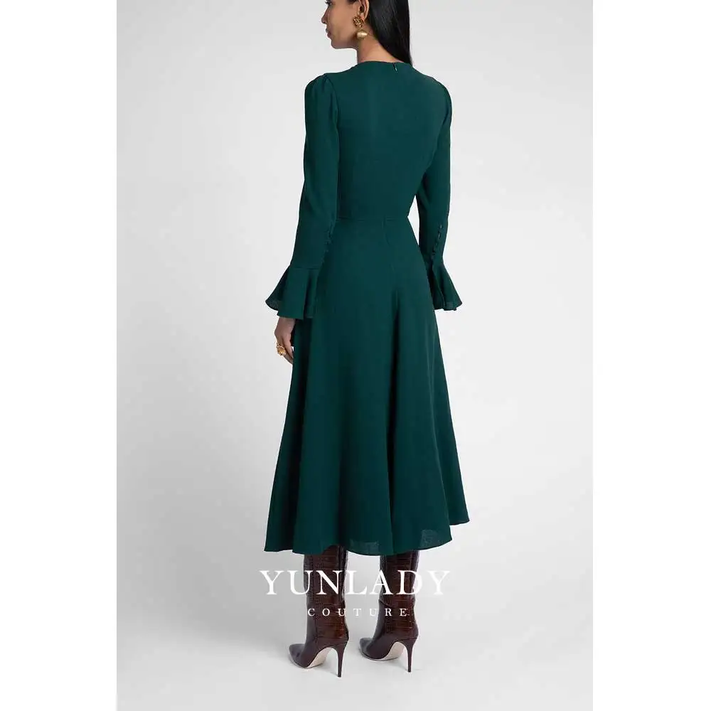 YUNLAN Dark Green A Line Mom Evening Dress 2024 Saudi Bride Wedding Guest Puff Sleeve Midi Dress Formal Occasion Party Dress