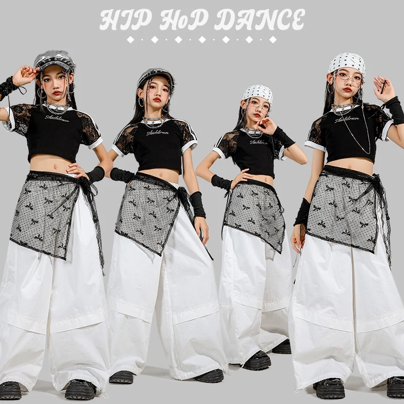 

Детская танцевальная одежда в стиле хип-хоп, тренировочная одежда для девочек, черные укороченные топы, белые брюки в стиле хип-хоп, Kpop, современная одежда для джазовых выступлений BL16355