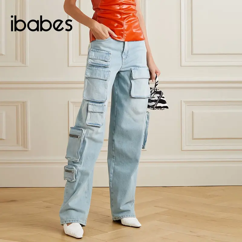 

Cargo Jeans Women Light Blue Zipper Fly Straight Denim Pants with Pockets 2023 Summer Outfits Y2K Clothings High Street Trousers