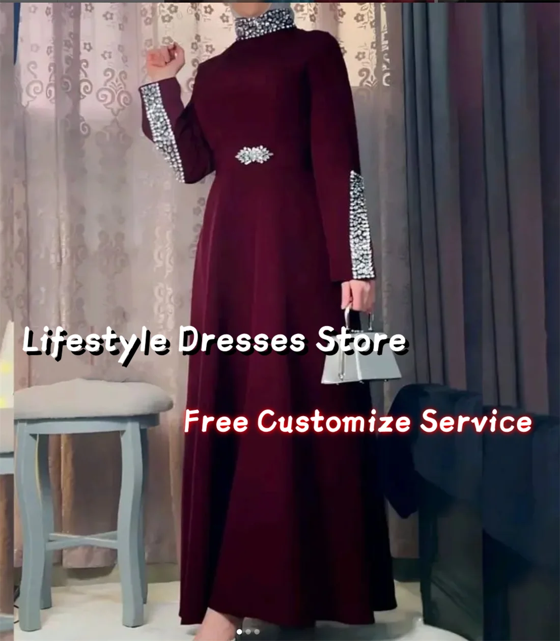 

High Neck Shiny Beads Arabia Formal Occasion Dresses A-Line Long Sleeves Party Gown Long Elegant Evening Dress 2024