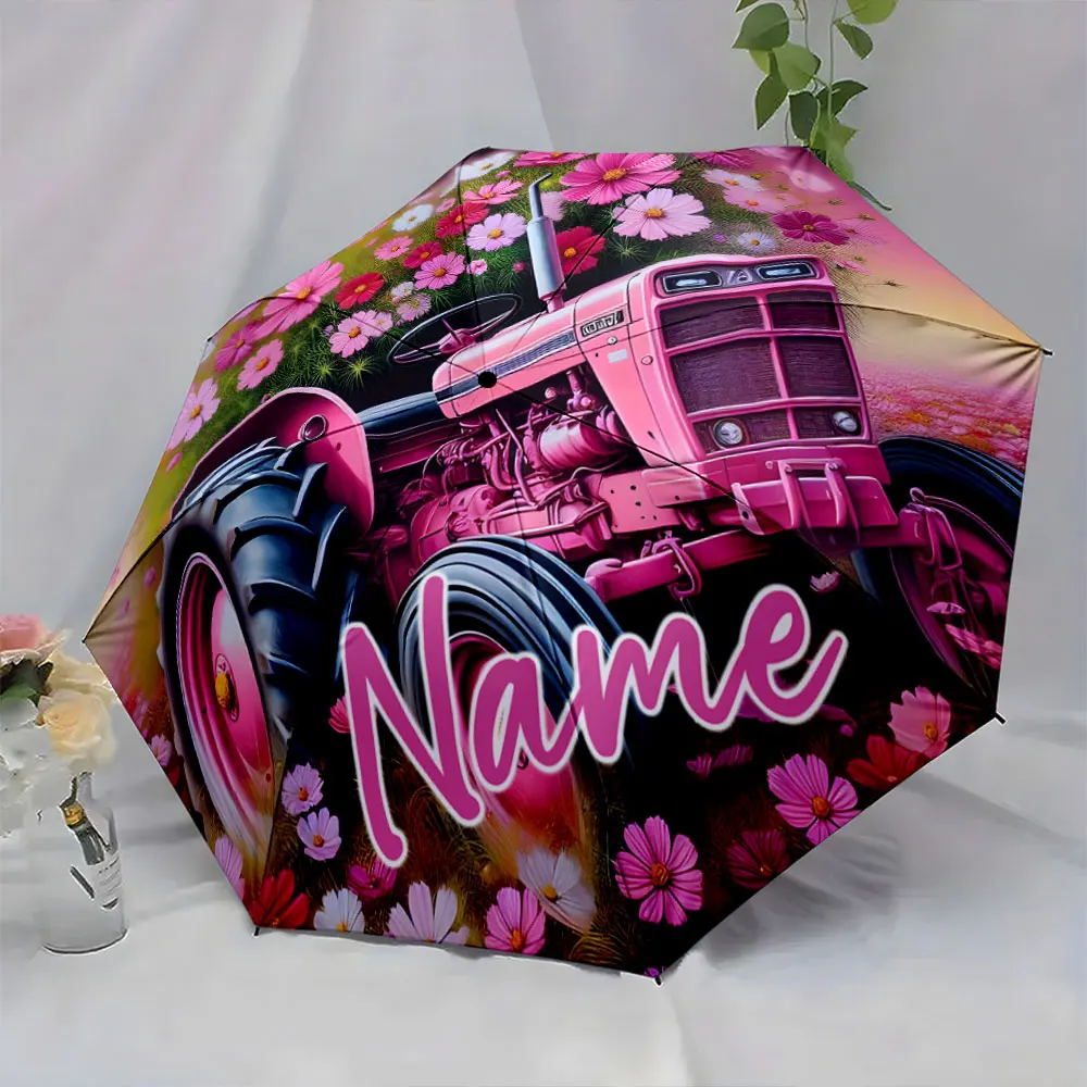 Custom Name Floral Tractor Umbrella Design Print 8 Iron Ribs Folding Umbrella Auto-Open Fashion Sunshade