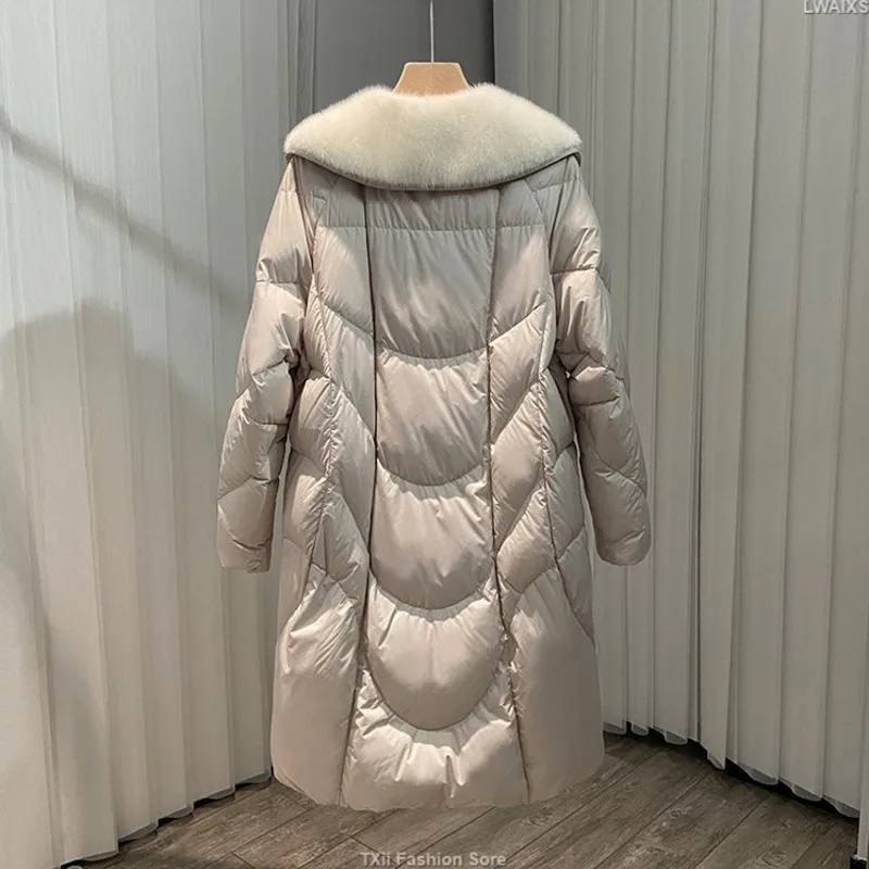 Luxury Slim Long Down Parkas Women Real Mink Fur Collar Hooded Coats Winter Thick Warm White Goose Down Jackets Lady Outerwear