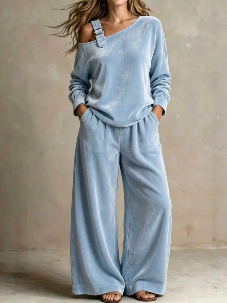 Velvet Pant Set One Shoulder Buckle Strap Long Sleeve Off Shoulder Top Elastic Loose Wide Leg Pants Elegant Two Piece Suits