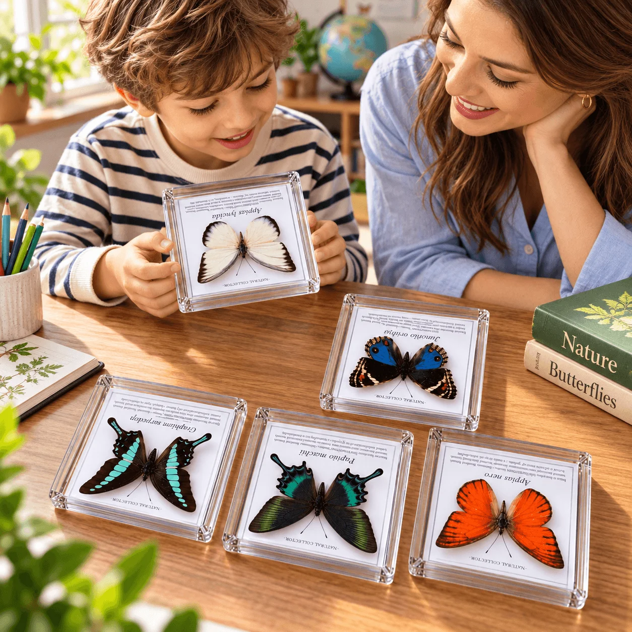 Real Butterfly Artwork in Clear Acrylic Display Box with Intro Card, Kids Nature Science Educational Toy, Single or Random 5Pcs