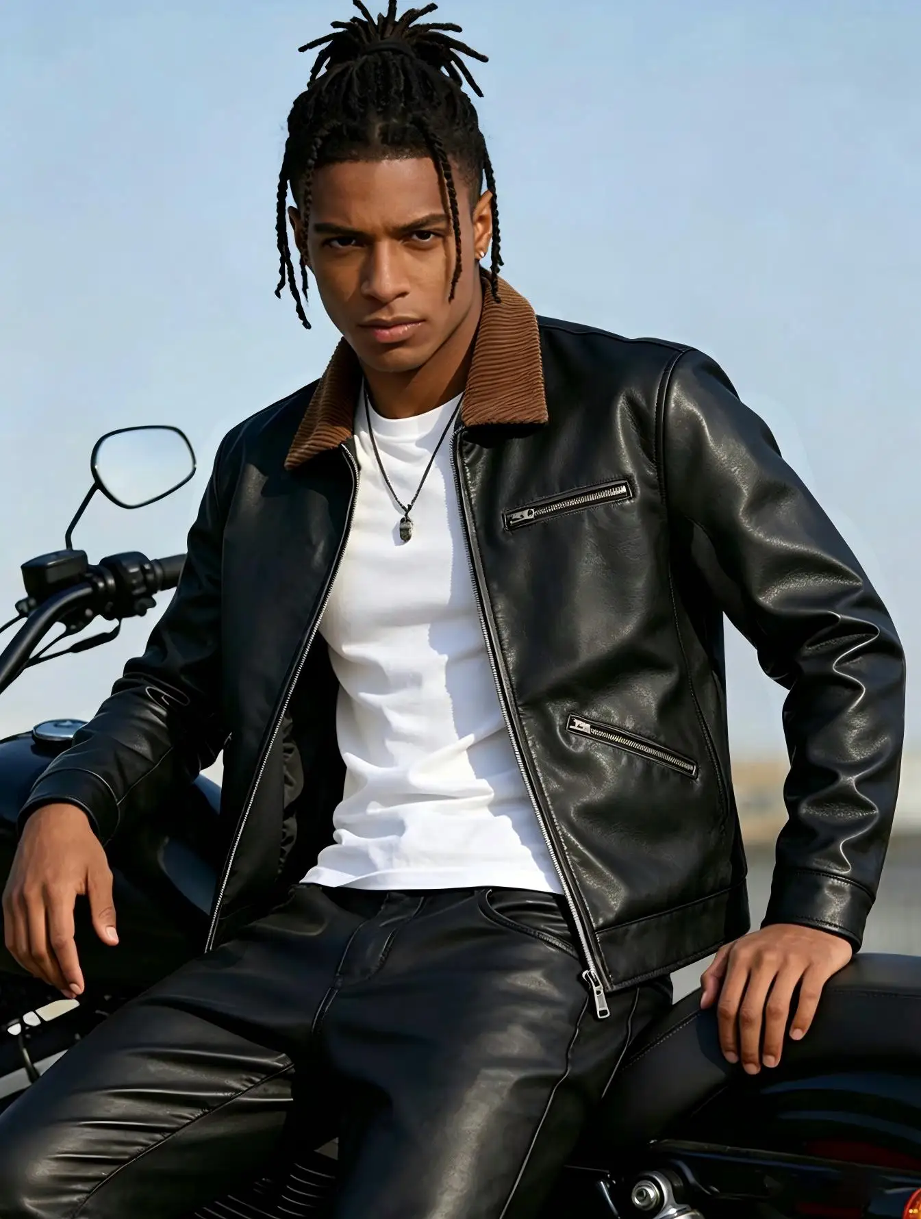 Vintage Men's PU Leather Coat Contrast Corduroy Turn‑down Collar Zip Up Multi Zipper Pockets Casual Daily Outer Jacket