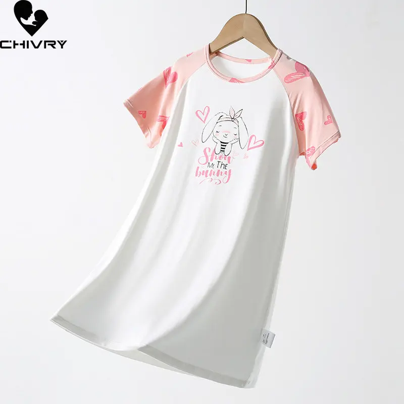 New 2023 Girls Fashion Nightgowns Summer Thin Short Sleeve O-neck Cartoon Rabbit Sleepwear Baby Girl Sleeping Dress Homewear