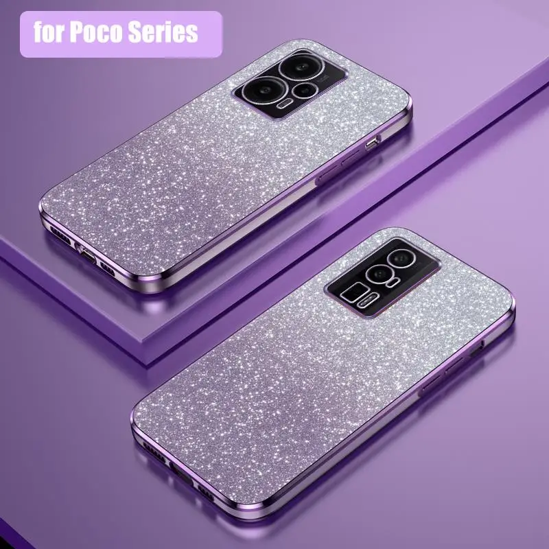 F5pro F 5 4 3 Luxury Glitter Gradient Plating Case For Xiaomi Mi Poco F5 Pro 5g Poko F3 F4 Women Silicone Shockproof Back Cover