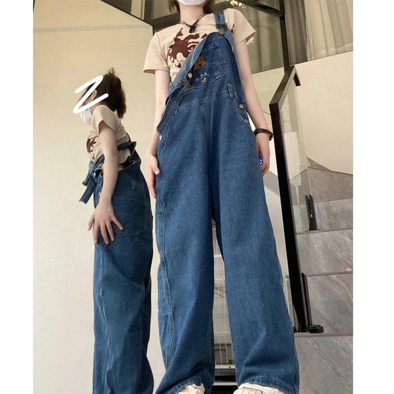 Tuta Oversize donna carina Winnie The Pooh ricamo Vintage sciolto a vita alta Streetwear Jeans tuta