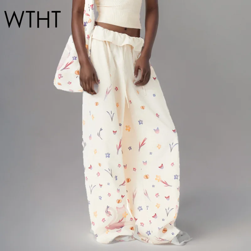 

WTHT New Fashion Women's Cartoon Print Design Casual Pants 2025 Summer Trendy Wrinkled High Waist Trousers Female 1LS1971