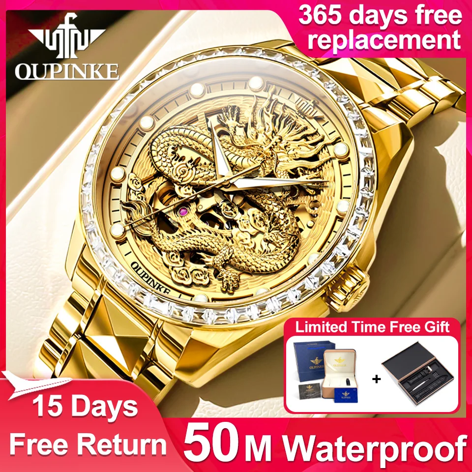 

OUPINKE Men's Watches Top Brand Automatic Mechanical Wristwatch 50m Waterproof Diamond Studded Dragon 3D Dial Luxury Watch Gift