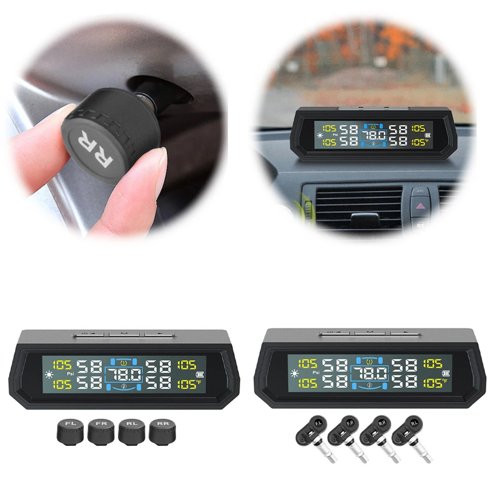 

Solar/USB Powered Wireless TPMS with 4 Sensors Tire Pressure Monitor System IPX7 Waterproof for RV Sedan SUV Truck