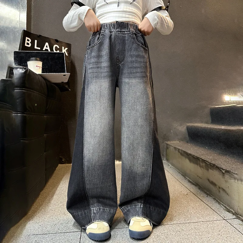 

Autumn Junior Girls Wide Leg Pant Teenager Girls Fashion Contrast Color Denim Pant Children Girls Loose Mid Waist Trousers