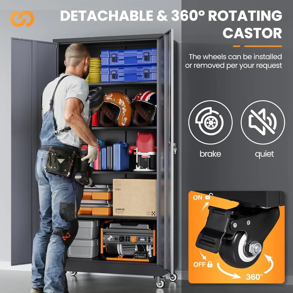 바퀴가 달린 금속 차고 캐비닛, 잠금 장치가 있는 견고한 이동식 보관 캐비닛, 2개의 문과 4개의 선반이 있는 보관 캐비닛