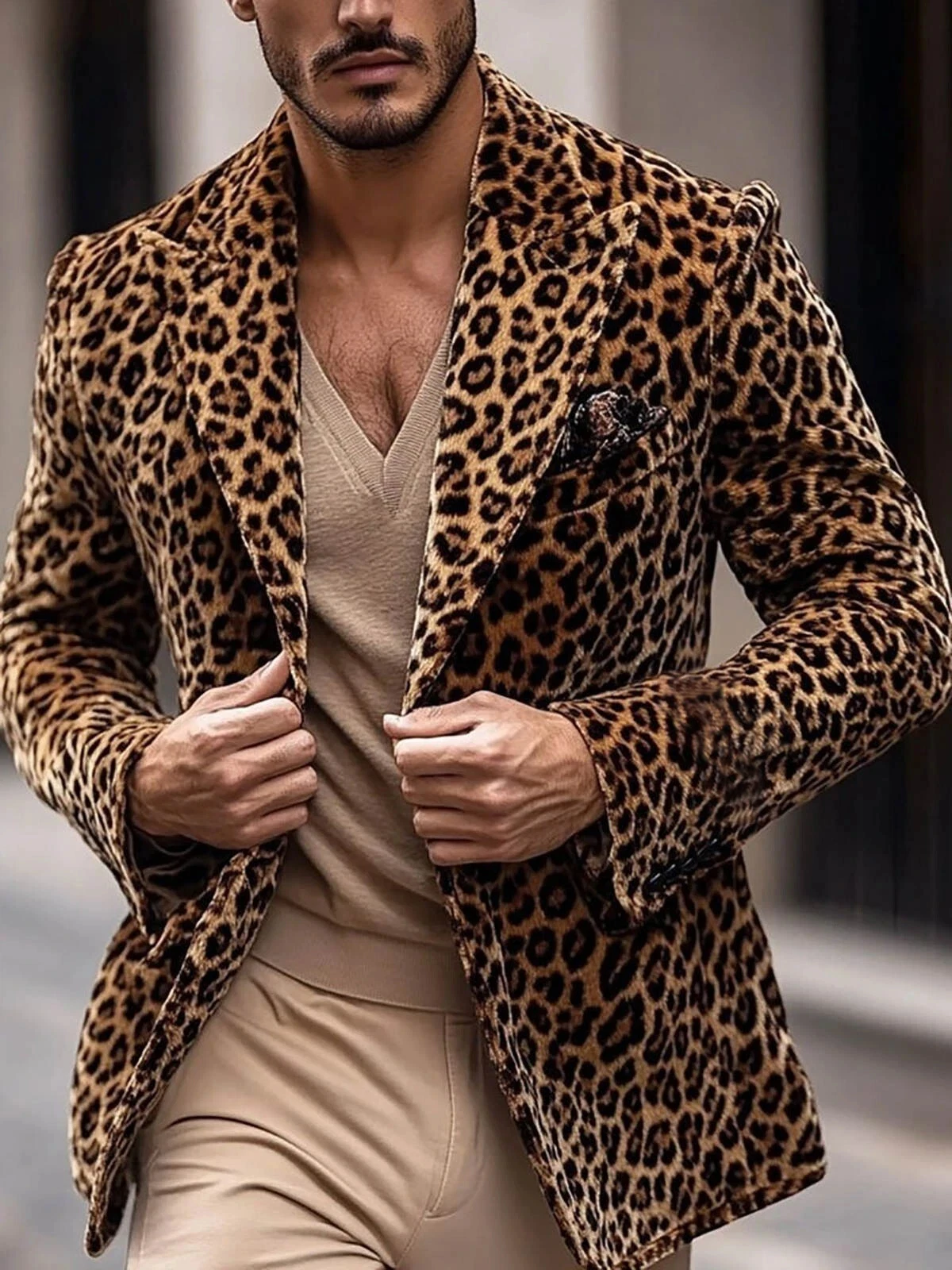 Fall Men's suit jacket Leopard print velvet single breasted men's suit coat Wild and trendy handsome men's blazer