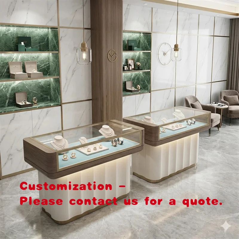 custom.Modern  Corner White Wavy Wood Trim Glass Jewelry Display Counter Luxury Showroom Direct