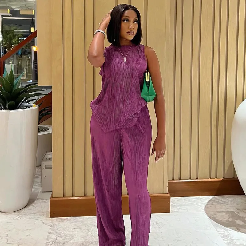 

Tierred Purple Women Sleeveless Tshirt and Long Wide Leg Straight Trousers Two Pieces Sets Causal Chic Matched Outfits Summer