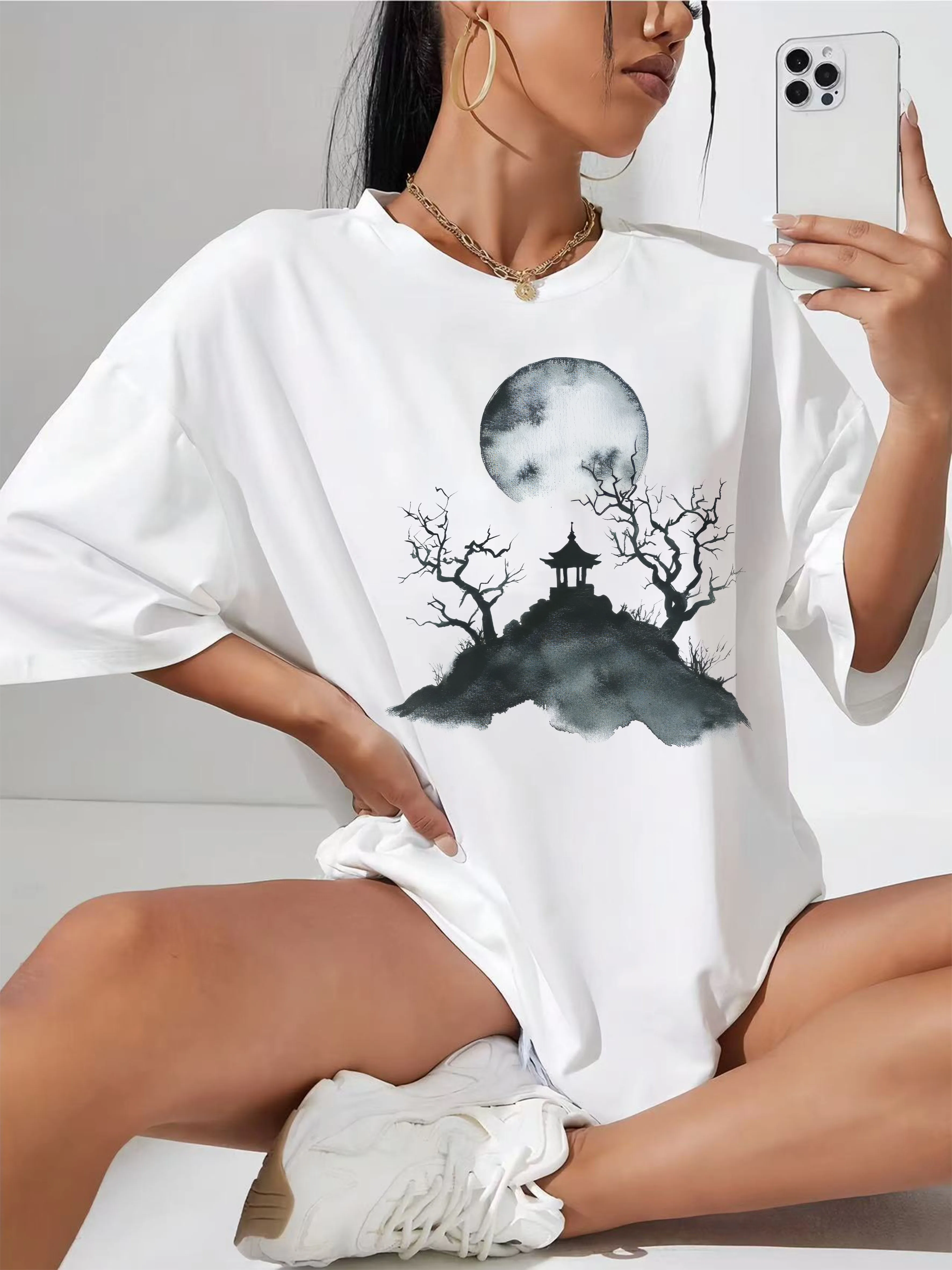 

Women's White Plus Size Crew Neck T-Shirt Cotton Soft Comfy Loose Fit Shirt with Cute Halloween Design Stylish Comfort Top