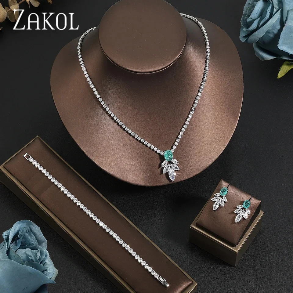 ZAKOL Fashion Oval Ice Crack Cubic Zirconia Earrings Choker Necklace Jewelry Sets for Women Leaf Wedding Anniversary Dress