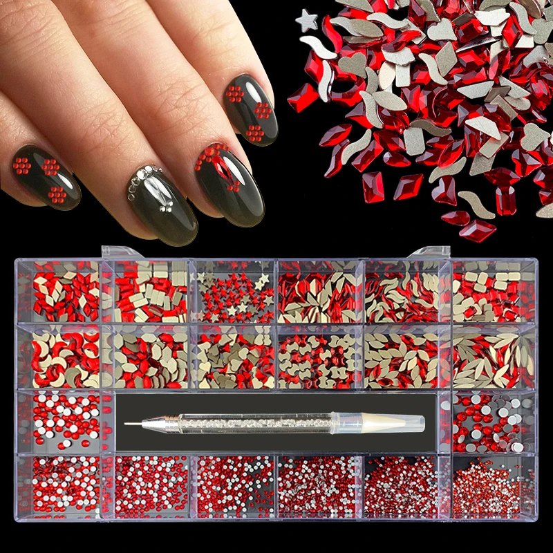 3100PCS Red Pink AB Nail Rhinestones Crystal Decorations Set Nail Stone Drill Pen Luxury Shiny Diamond Manicure Accessories