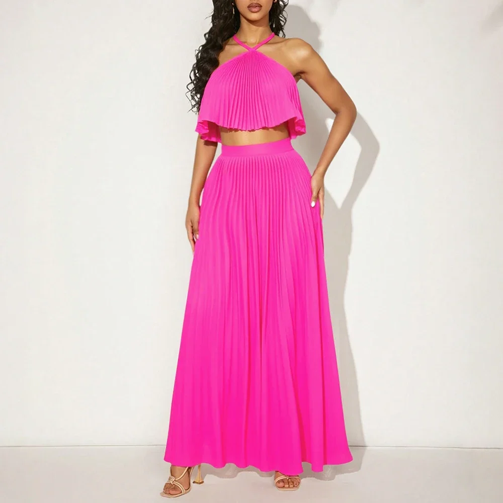 

Sets Summer Comfortable Basic Plain Halter Neck Sleeveless Top Maxi Ruffle Skirts Casual Sets